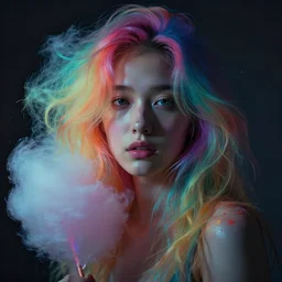 dramatic lighting portrait of a beautiful! young woman with a light skin and rainbow colored cotton candy hair. colorful paint splashes. moody and melancholy. with subtle motion blur effects. digital art by artgerm and beeple