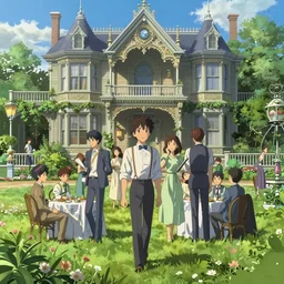 an ornate victorian garden, party in front, scene in an open field. 1 8 9 0, key visual, conceptart, ambient lighting, highly detailed, digital painting, artstation, concept art, sharp focus, by makoto shinkai and akihiko yoshida and greg manchess
