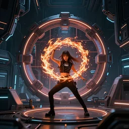 a girl like yoona, casting fire spell, background cyberpunk spaceship, full shot, photo, geometries, Fibonacci volumetric lighting, epic composition, intricate details, dark neon punk, by KDA