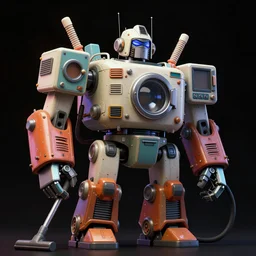 retrofuture style game model of giant robot monster from trash household appliances. washing machine and microwave as parts of the robot body. iron as robot head. robot hands from vacuum cleaner hoses. rich colors, high contrast, gloomy atmosphere, black background. trending on artstation. unreal engine.
