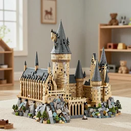 commercial photography product shot of a kapla castle in the style of minas tirith and hogwarts, beautiful lighting, studio shoot, playroom setting