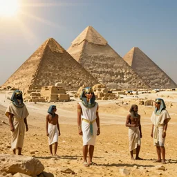 egyptian workers wearing ancient clothing building the pyramids, historical reenactment, incredibly detailed, dramatic lighting, cinematic lens flare, 3 5 mm digital photo