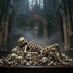 full color, low wide shot of sedlec ossuary, bones, anime style mixed with fujifilm, dark, foggy, atmospheric, artstation, cgsociety, octane render, cgi, unreal engine 5, denoise, detailed, cinematic masterpiece