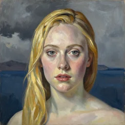 professional painting of Elle Fanning in Santorini in the style of Henri-Edmond Cross, head and shoulders portrait, symmetrical facial features, smooth, sharp focus, illustration, intricate, stormy weather, extremely detailed masterpiece,