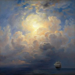 clouds made out of the universe with luminous skies and a ship sailing in the distance, fitz henry lane, painting, detailed