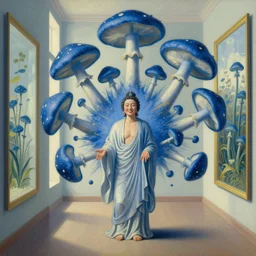 hyperrealistic still life painting of a boddhisatva's mind exploding beautiful blue mushrooms everywhere, while she is smiling, slow motion mind explosion, in a hall of mirrors, morning light, by caravaggio, botanical print, surrealism, vivid colors, golden ratio, negative space, minimalist composition, in style of jugendstil, and maxfield parrish,, by moebius, greg
