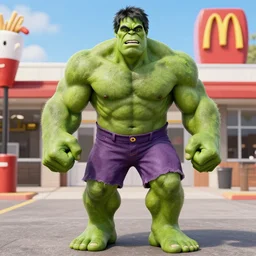 The Incredible Hulk dressed in a Mcdonald’s employee uniform