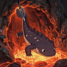 a wholesome animation key shot of a giant salamander, lava, hollow earth, studio ghibli, pixar and disney animation, sharp, rendered in unreal engine 5, anime key art by greg rutkowski, bloom, dramatic lighting, volumetric lighting