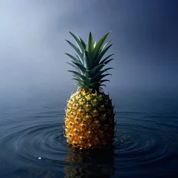 an lonely pineapple in the middle of the sea, fog, mid night, 2000s photo