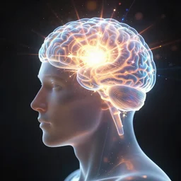 translucent 3d render of a man as his brain achieves an indescribably beautiful so wow mind exploding