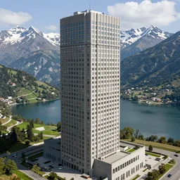 photograph of a massive super high brutalist building in a high mountain landscape with lakes, green pairies and snowy mountains,