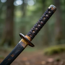 Photo Of A Rusted Katana In A Forest, 4K, Photorealistic
