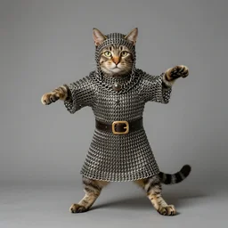 a cat weirding chainmail armour in the style of salvador dali