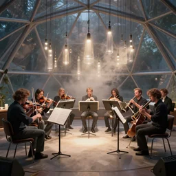 orchestra playing in a geodesic dome, hanging light fixtures, light dust, by peter mohrbacher dan mumford craig mullins nekro, cgsociety, pixiv, volumetric light, 3 d render