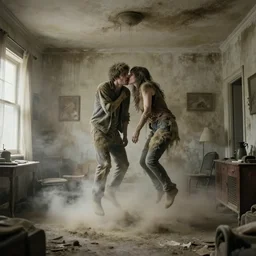 a photograph of a man and a woman in a disgustingly filthy apartment, they are mouldy and obviously intoxicated. they have merged with the walls and ceiling, levitating above a cloud of nebulous dogs