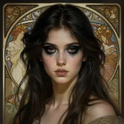 a beautiful dark hair girl with black makeup in the eyes, fantasy, portrait, sharp focus, intricate, elegant, digital painting, artstation, matte, highly detailed, concept art, illustration, ambient lighting, dark background art by ilya kuvshinov, artgerm, Alphonse Mucha, and Greg Rutkowski