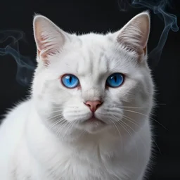 a beautiful white cat portrait, blue eyes, dramatic volumetric lighting, dark black background, smokes around, 3 d render, very sharp details, award winning photography, art by greg rutsowski