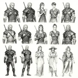detailed pencil spot illustrations of various character concepts from the witcher series and westworld crossover, various poses, by burne hogarth, by bridgeman, by anthony ryder, by yoshitaka amano, by ruan jia, by conrad roset, by mucha, cgsociety, artstation.