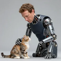 animatronic Mark Zuckerberg petting a kitten, exposed mechanics, photo, Stan Winston studios, detailed, 4k