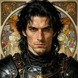 realistic detailed face portrait of a rugged handsome king with black hair and black leather armor by alphonse mucha, ayami kojima, amano, greg hildebrandt, and mark brooks, male, masculine, art nouveau, neo - gothic, gothic, character concept design