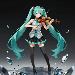 Miku hatsune performing with a violin on a obsidian stage with floating pieces, negative colored musical notes strung throughout the background of obsidian style of Angelbeats and Higurashi