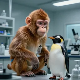 a crazy scientist, looking at a hybrid of a monkey and a penguin, inside of his lab, cinematic, detailed, 4K UHD, trending on artstation