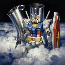 gundam pipes. reflective detailed textures. puffy clouds, dark black background. highly detailed fantasy science fiction painting by moebius, norman rockwell, frank frazetta, and syd mead. rich colors, high contrast. artstation