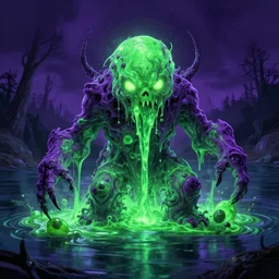 super detailed 8 0's horror art of a glowing green and purple nuclear sludge monster, coming out of a lake