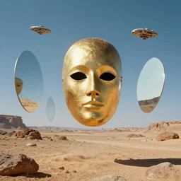 levitating bene gesserit with full - face golden mask and glowing eyes in a dry rocky desert landscape, visible sky and sunny atmosphere, fata morgana giant mirrors, spaceship in the sky by alejandro jodorowsky, anamorphic lens, kodakchrome, cinematic composition, practical effects, 8 k,