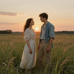 neoclassicism by quint buchholz, by armand guillaumin defined. a beautiful computer art of a man & a woman in a field of tall grass with the sun setting behind them