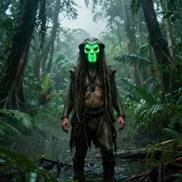 snake oil saleman demigod with neon green mask in a swampy jungle landscape, visible sky and humid atmosphere, the salesman's dream by alejandro jodorowsky and denis villeneuve, kodakchrome, cinematic composition, practical effects, 8 k