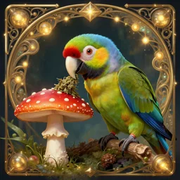 a parrot eating a cute amanita muscaria, weed, lsd, beautiful glowing lights, sci - fi, stunning, intricate, elegant. highly detailed, digital painting. artstation. smooth. sharp focus. illustration. art by artgerm and greg rutkowski and alphonse mucha