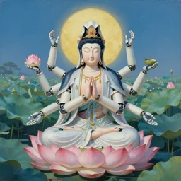 a beautiful surrealist painting of a 1 0 0 0 armed quan yin robot sitting in prayer in the lotus garden in the style of hanna yata, digital art h 1 0 2 4