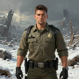 A comic book style portrait painting of a male sheriff ranger in a a post apocalyptic winter landscape, unreal 5, DAZ, hyperrealistic, octane render, RPG portrait, ambient light, dynamic lighting