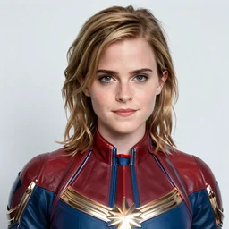 Emma Watson modeling as Captain Marvel, (EOS 5DS R, ISO100, f/8, 1/125, 84mm, postprocessed, crisp face, facial features)
