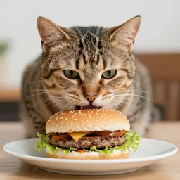 a cat eating hamburger
