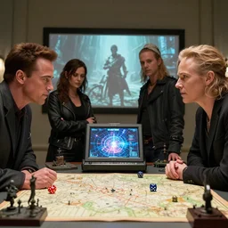 film still bladerunner 2, 4 ppl : schwarzenegger, beckinsale, charlize theron, lawther playing dnd, gm screen, dices, map and miniatures, finely detailed features, closeup at the faces, perfect art, at an ancient city, gapmoe yandere grimdark, trending on pixiv fanbox, painted makoto shinkai takashi takeuchi studio ghibli, akihiko yoshida