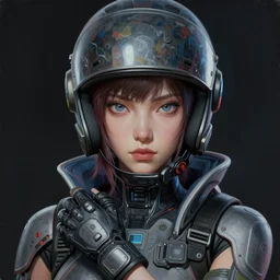 a painting of a woman wearing a helmet and gloves, cyberpunk art by yumihiko amano, cgsociety, figurative art, toonami, zbrush, official art