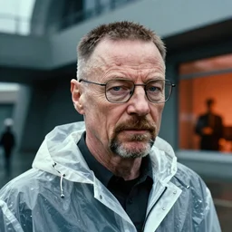 Kodak Portra 400, 8K, highly detailed, breaking bad style 3/4 extreme closeup portrait, clear eyes, focus on clear transparent raincoat walter white model, tilt shift zaha hadid style lab background: famous blade runner remake, new scene