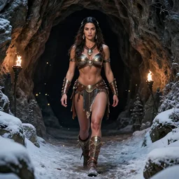 epic muscled Mila Kunis as a beautiful warrior amazon woman walking out of a deep dark cave, snowy winter, fireflies, torches, 1960 fantasy, intricate, elegant, highly detailed, tasteful art by artgerm and donato giancola and alphonse mucha, WLOP