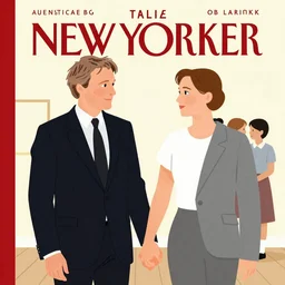 portrait of Mads Mikkelsen and Hugh Dancy holding hands romantically as they chaperone school dance by (Zdzislaw Beksinski), Michael Whelan, Bob Larkin and Tomer Hanuka, simple illustration, domestic, nostalgic, clean, Matte painting, trending on artstation and unreal engine, New Yorker magazine cover