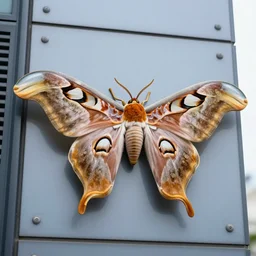 colorized photo of a colossal atlas moth on the side of a skyscraper, wings spread