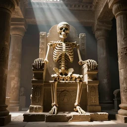 ancient skeleton sits on the trone in an ancient temple, ray of light enters the room