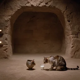Film still of the cantina in Star Wars, empty, stone walls, cave like, tatooine, Cinestill colour cinematography, anamorphic, year 3000, cat drinking milk