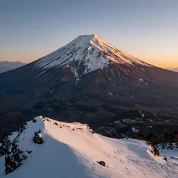 professional photo of a snow topped volcano lit by the sunset