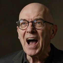 mean bald old man with glasses screaming nonsense