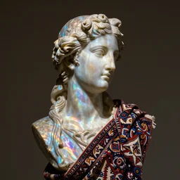 “Apollo sculpture with a Persian carpet wrapped around it, refracting light, 4k photo, great light and shadows, Sony 175mm”