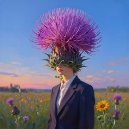 enormous thistle flower under head, a girl in a suit in field of flowers, surreal photography, sunrise, blue sky, dramatic light, impressionist painting, digital painting, artstation, simon stalenhag