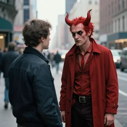 man meets the devil on a busy city street