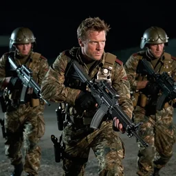 michael biehn chased by enemy soldiers, metal gear, 1 9 9 0, night, tense, movie still